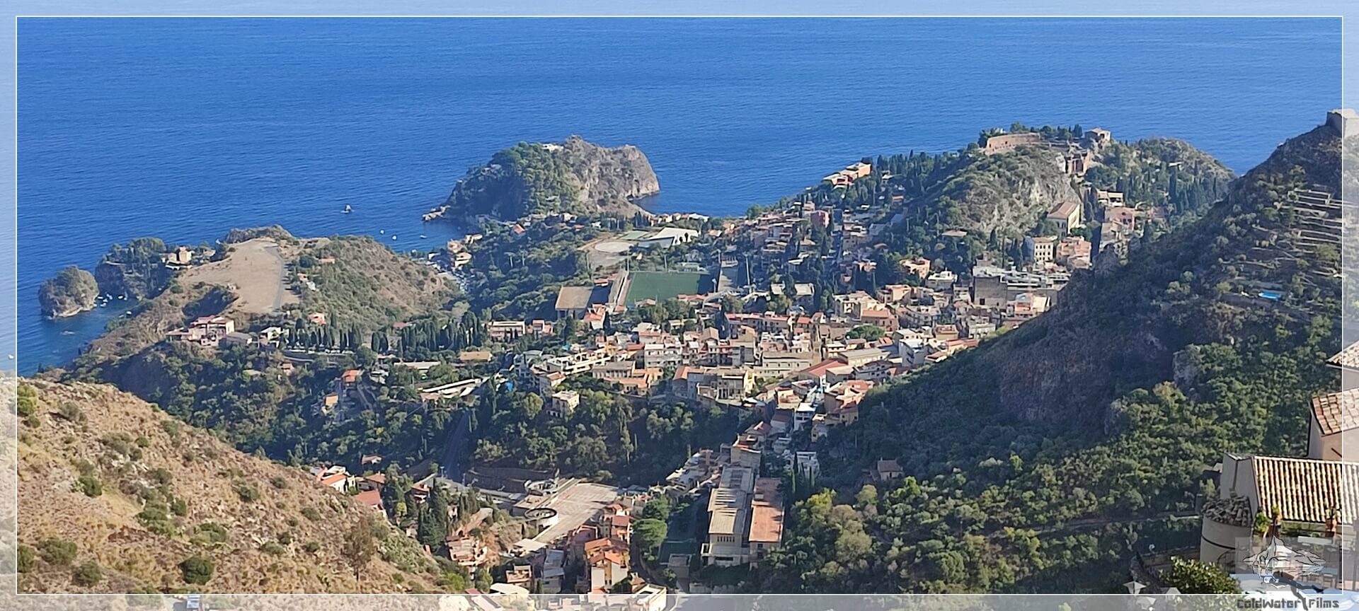 Blick von Castelmola auf Taormina, Sizilien, Italien